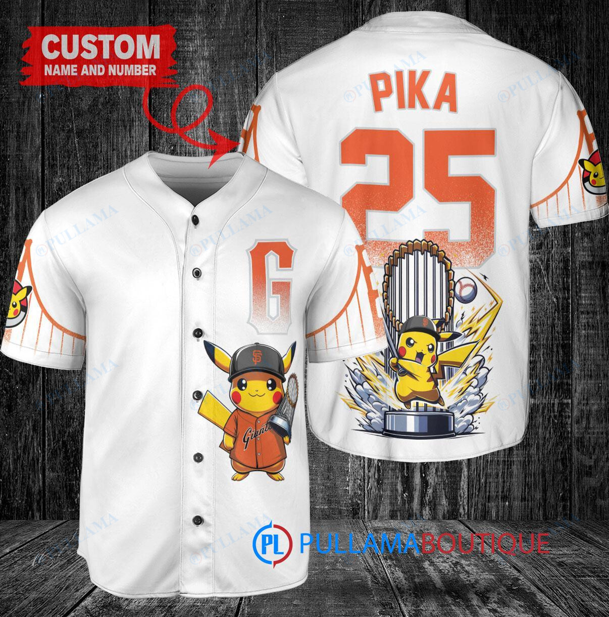 San Francisco Giants x Pikachu Pokemon with Trophy Custom Baseball Jersey White City Connect