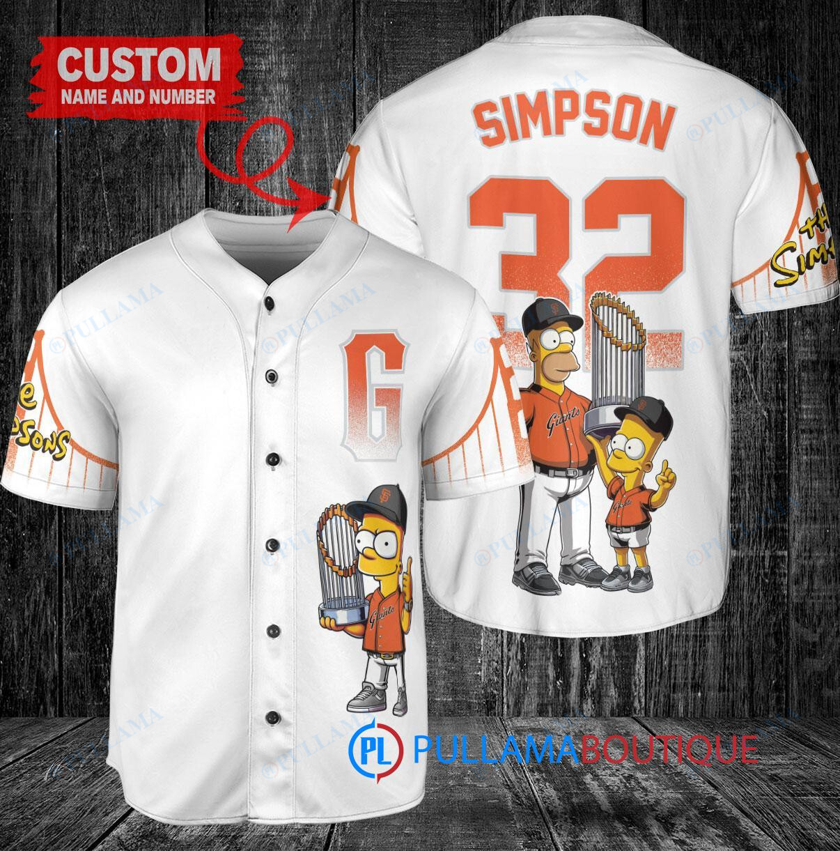 San Francisco Giants x The Simpsons Bart Simpson, Homer Simpson, Lisa Simpson with Trophy Custom Baseball Jersey White City Connect