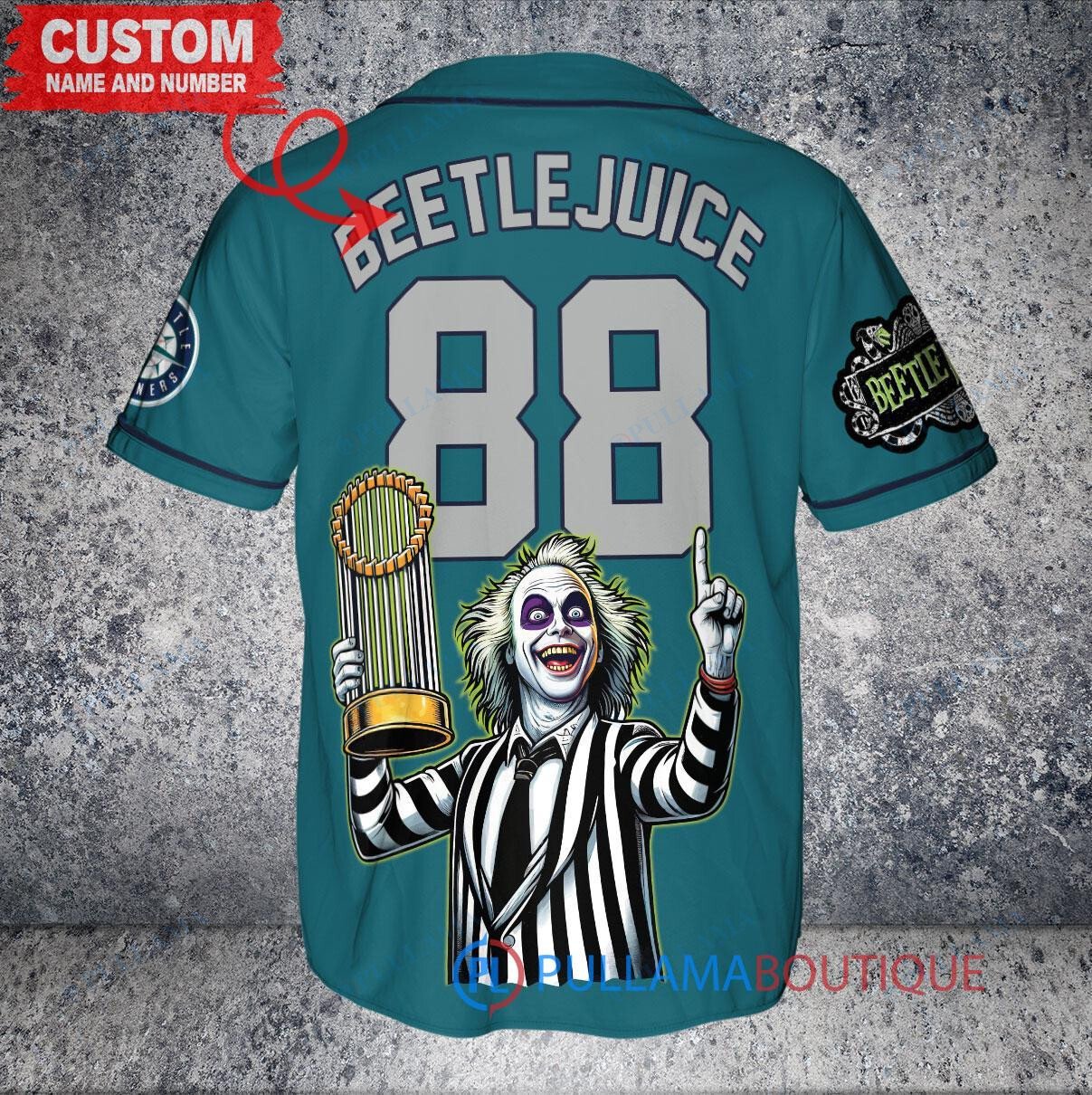 Seattle Mariners Beetlejuice Halloween World Series Trophy Baseball Jersey Aqua