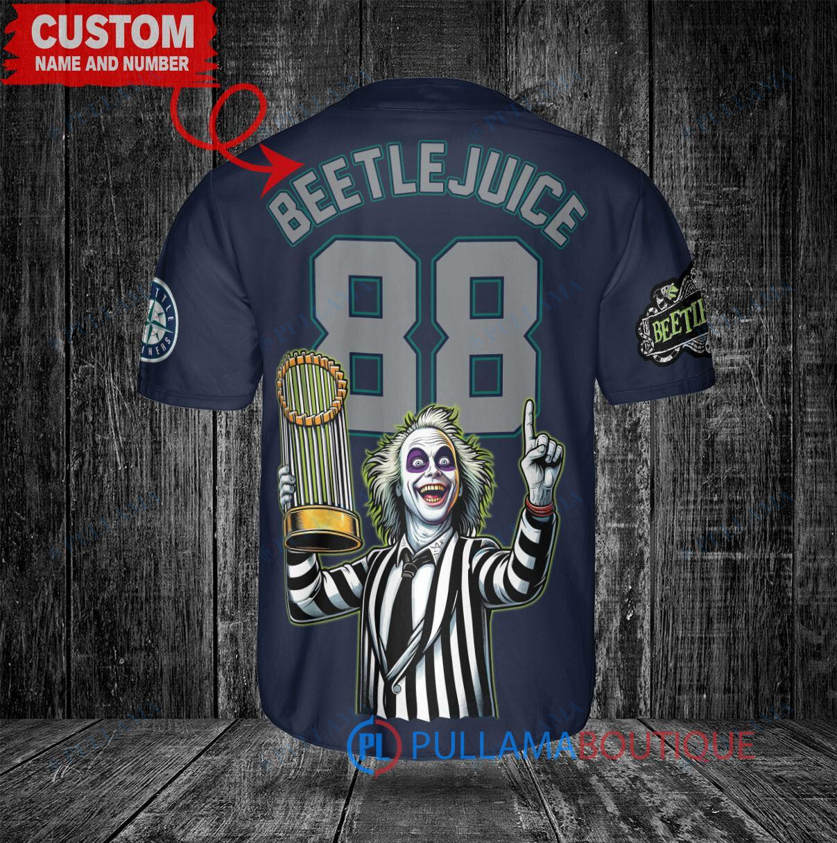Seattle Mariners Beetlejuice Halloween World Series Trophy Baseball Jersey Navy