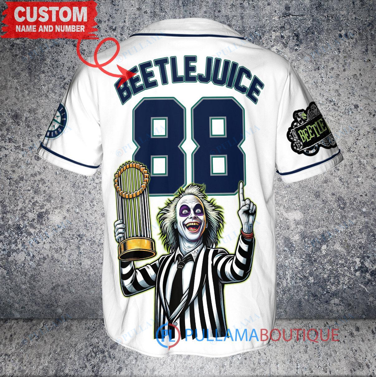 Seattle Mariners Beetlejuice Halloween World Series Trophy Baseball Jersey White
