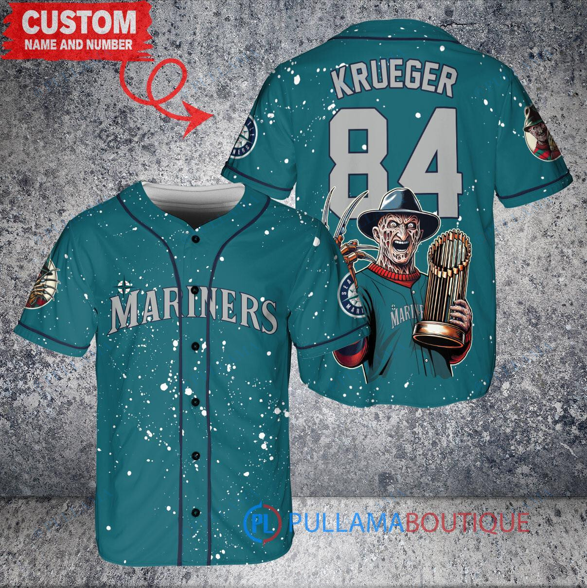 Seattle Mariners Freddy Krueger Halloween World Series Trophy Baseball Jersey Aqua
