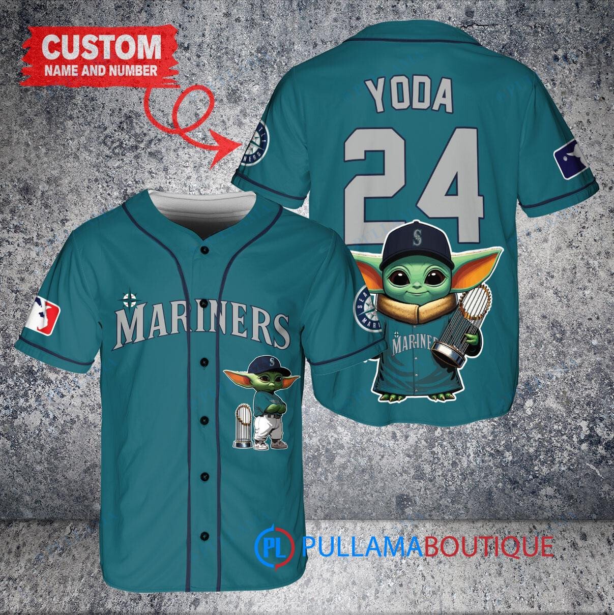 Seattle Mariners x Baby Yoda Star Wars The Mandalorian with Trophy Custom Baseball Jersey Aqua