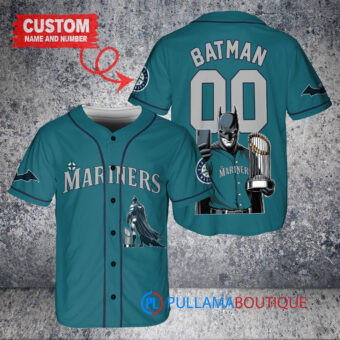 Seattle Mariners x DC Comics Batman The Dark Knight with Trophy Custom Baseball Jersey Aqua