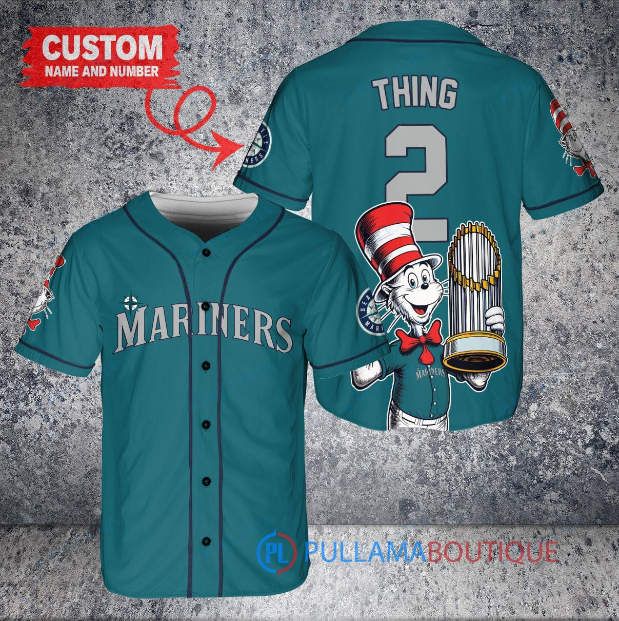 Seattle Mariners x Dr Seuss with World Series Trophy Custom Baseball Jersey Aqua