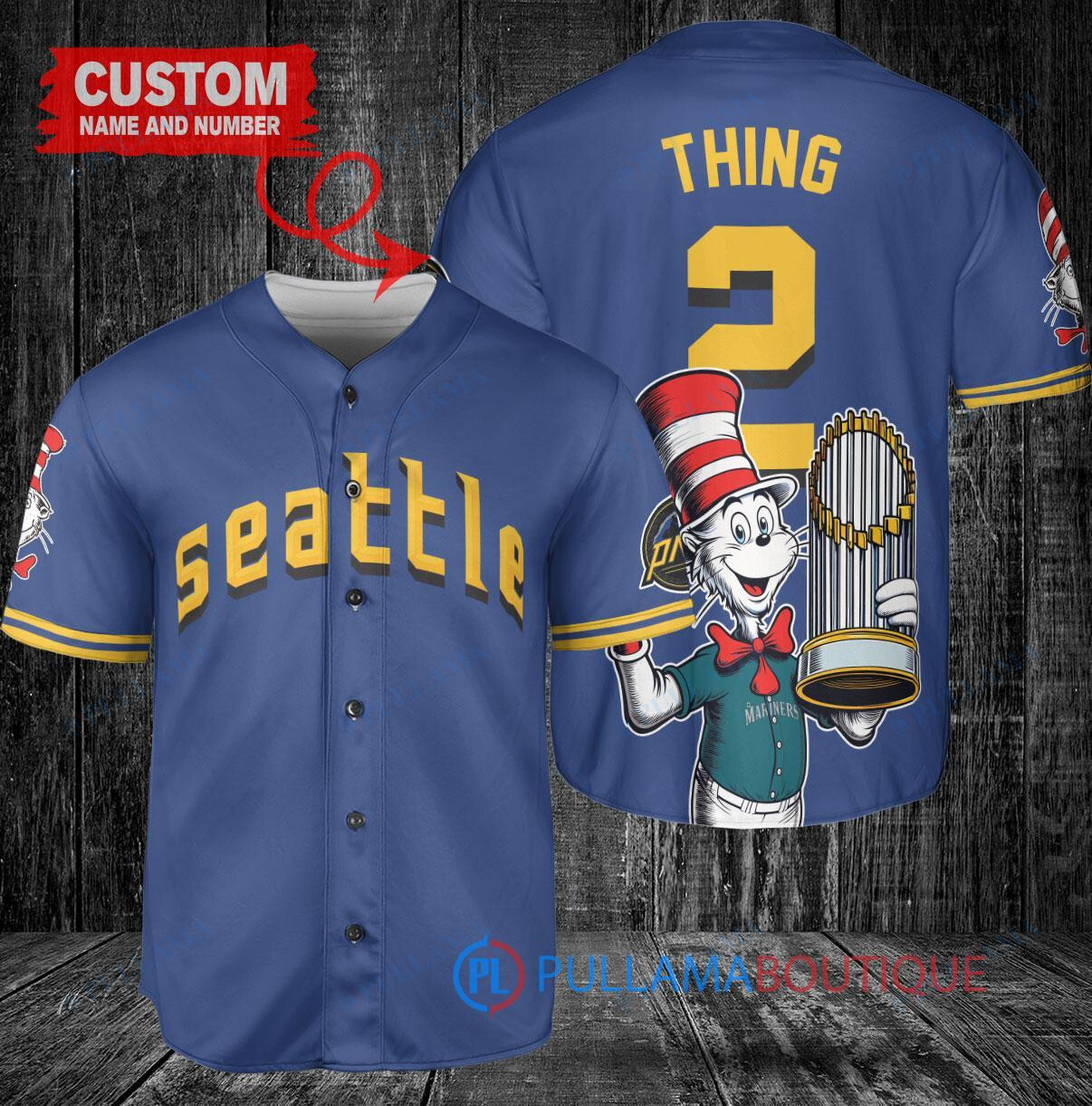 Seattle Mariners x Dr Seuss with World Series Trophy Custom Baseball Jersey Royal City Connect