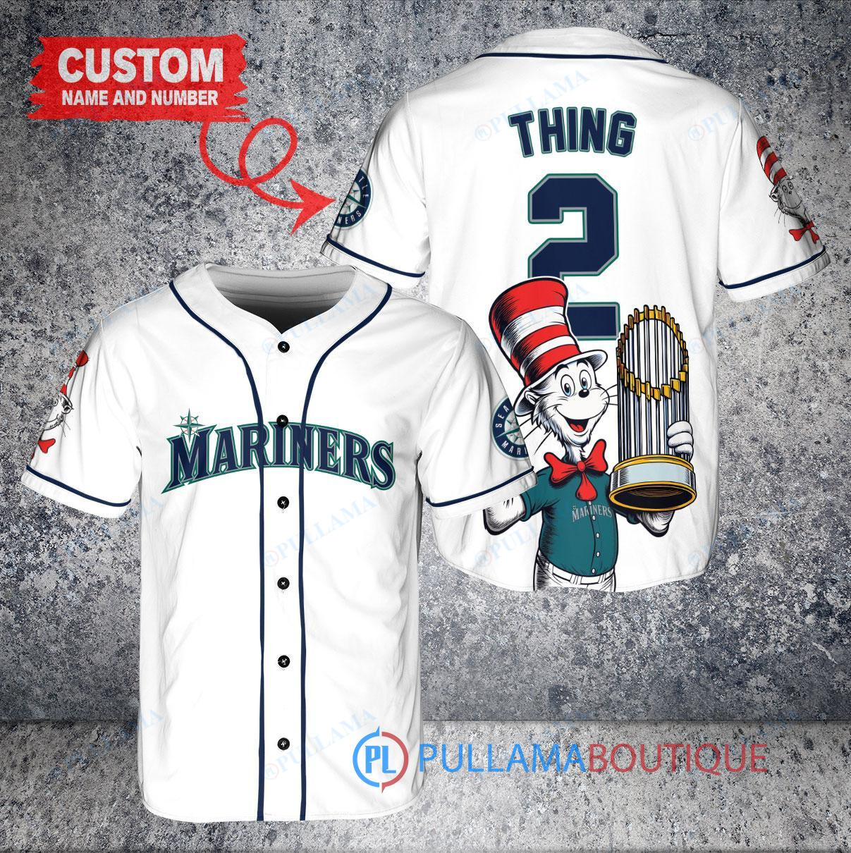 Seattle Mariners x Dr Seuss with World Series Trophy Custom Baseball Jersey White