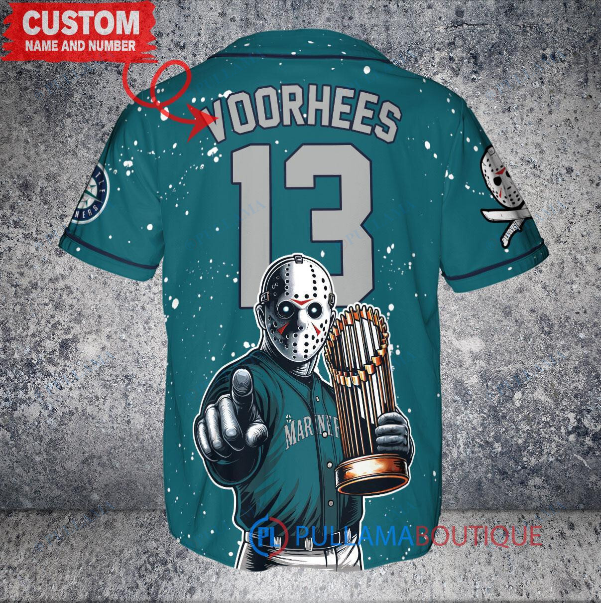 Seattle Mariners x Friday the 13th Jason Voorhees Halloween with World Series Trophy Custom Baseball Jersey Aqua