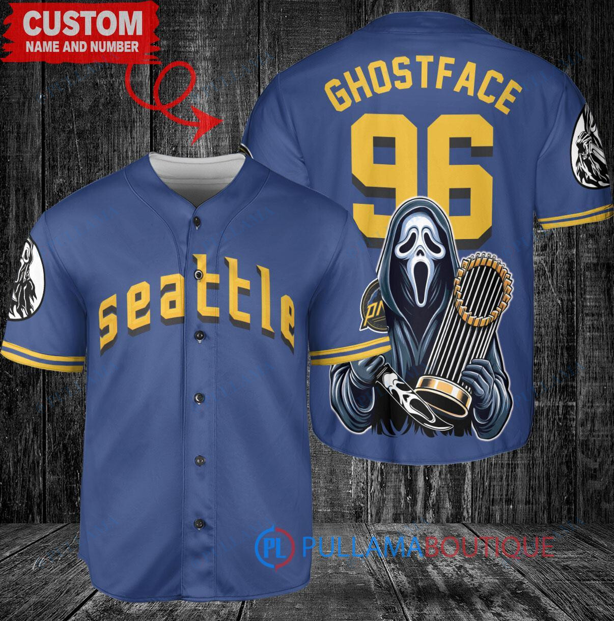 Seattle Mariners x Ghostface Scream Halloween Halloween with World Series Trophy Custom Baseball Jersey Royal City Connect
