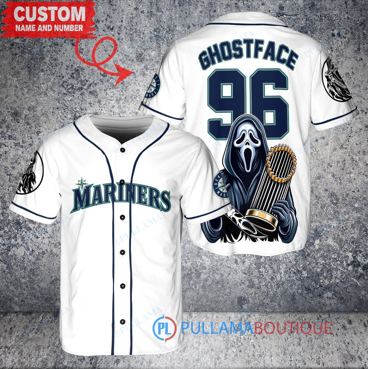 Seattle Mariners x Ghostface Scream Halloween Halloween with World Series Trophy Custom Baseball Jersey White