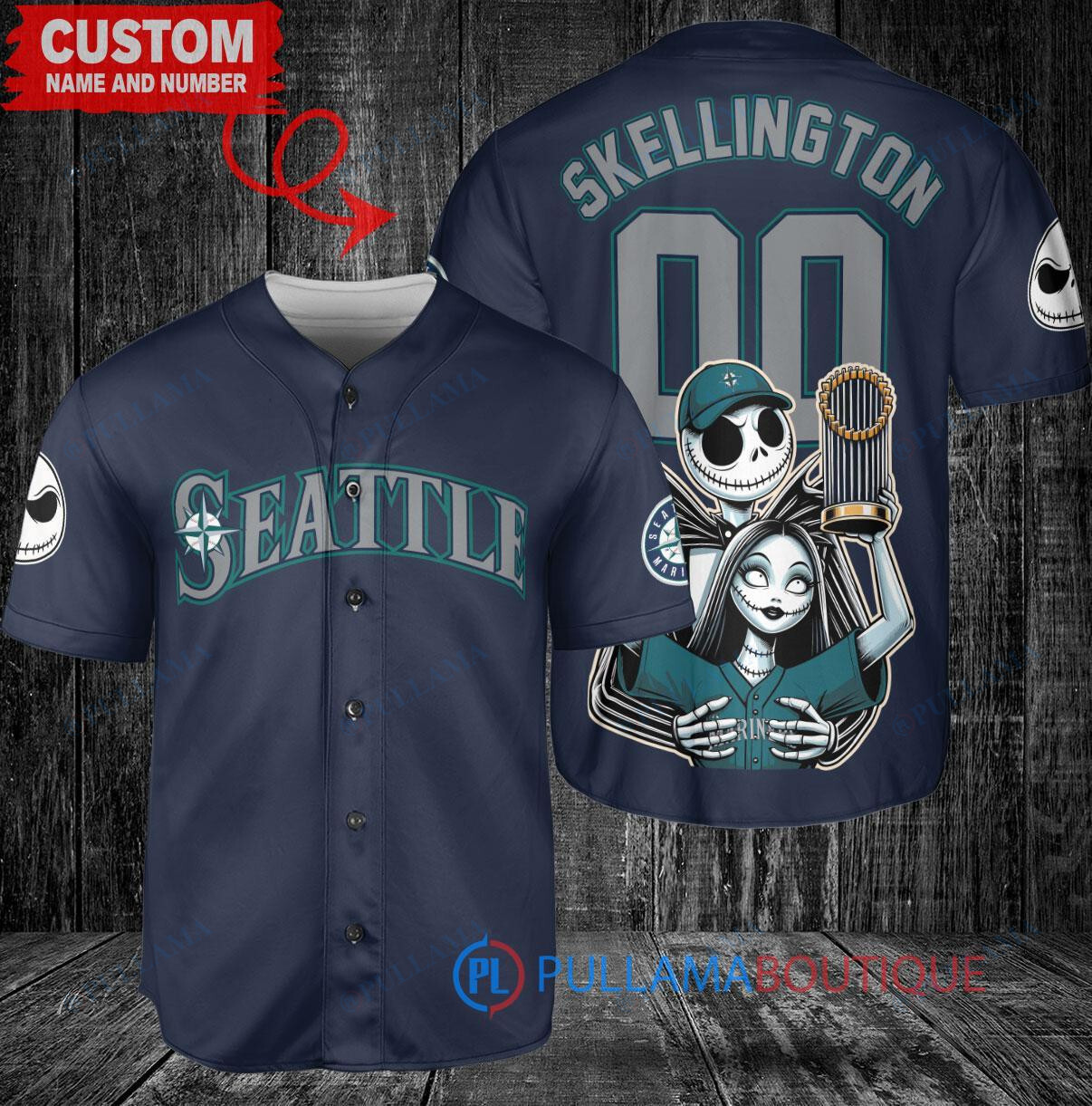 Seattle Mariners x Jack Skellington and Sally The Nightmare Before Christmas with World Series Trophy Custom Baseball Jersey Navy