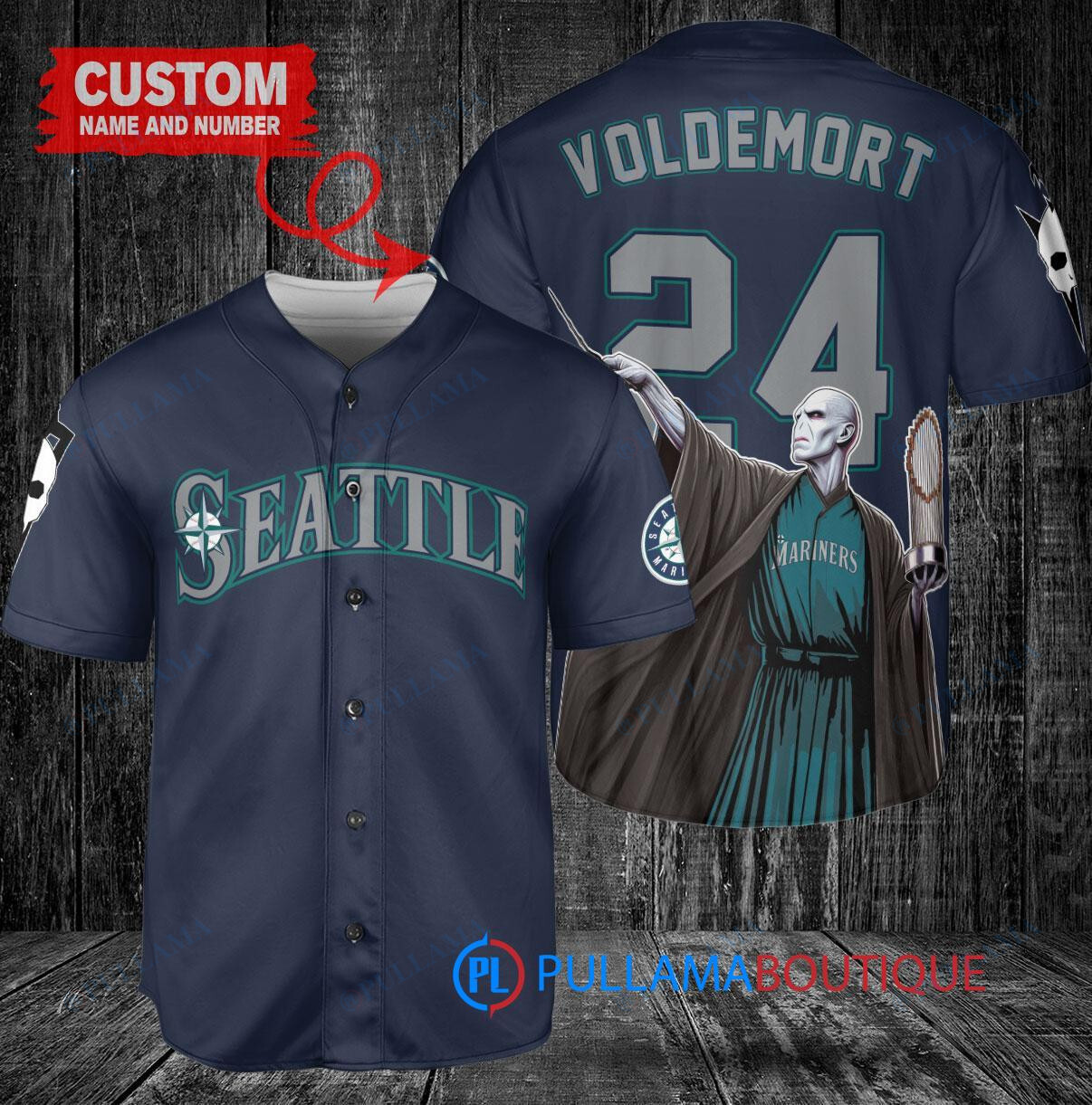 Seattle Mariners x Lord Voldemort Harry Potter with Trophy Custom Baseball Jersey Navy
