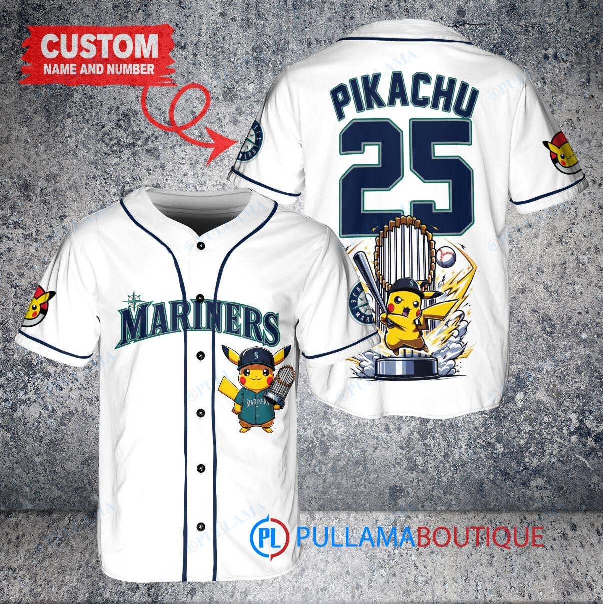 Seattle Mariners x Pikachu Pokemon with Trophy Custom Baseball Jersey White