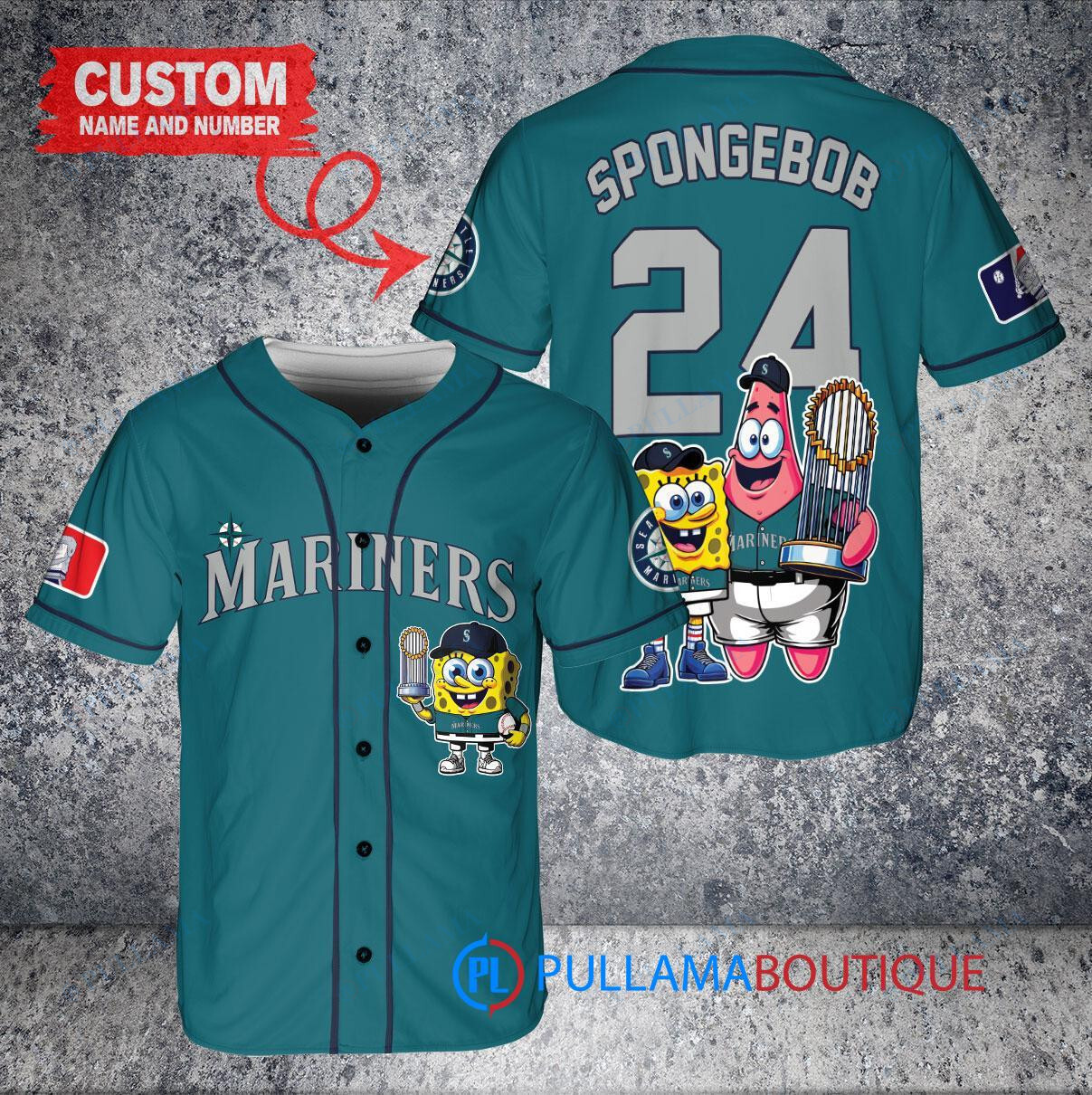 Seattle Mariners x SpongeBob SquarePants with Trophy Custom Baseball Jersey Aqua