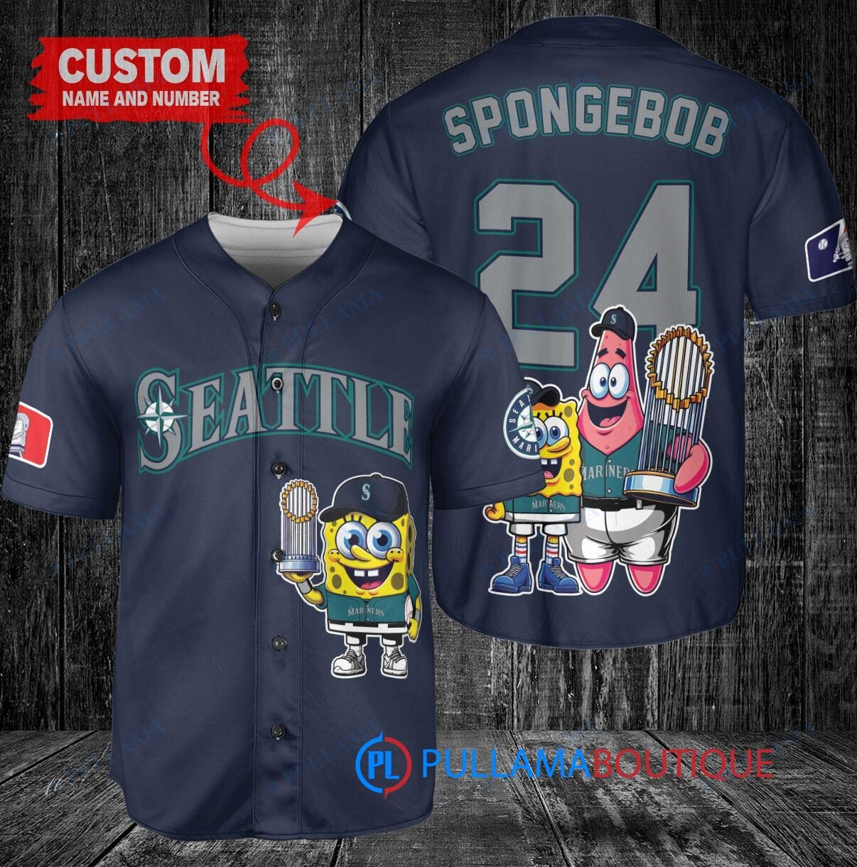 Seattle Mariners x SpongeBob SquarePants with Trophy Custom Baseball Jersey Navy