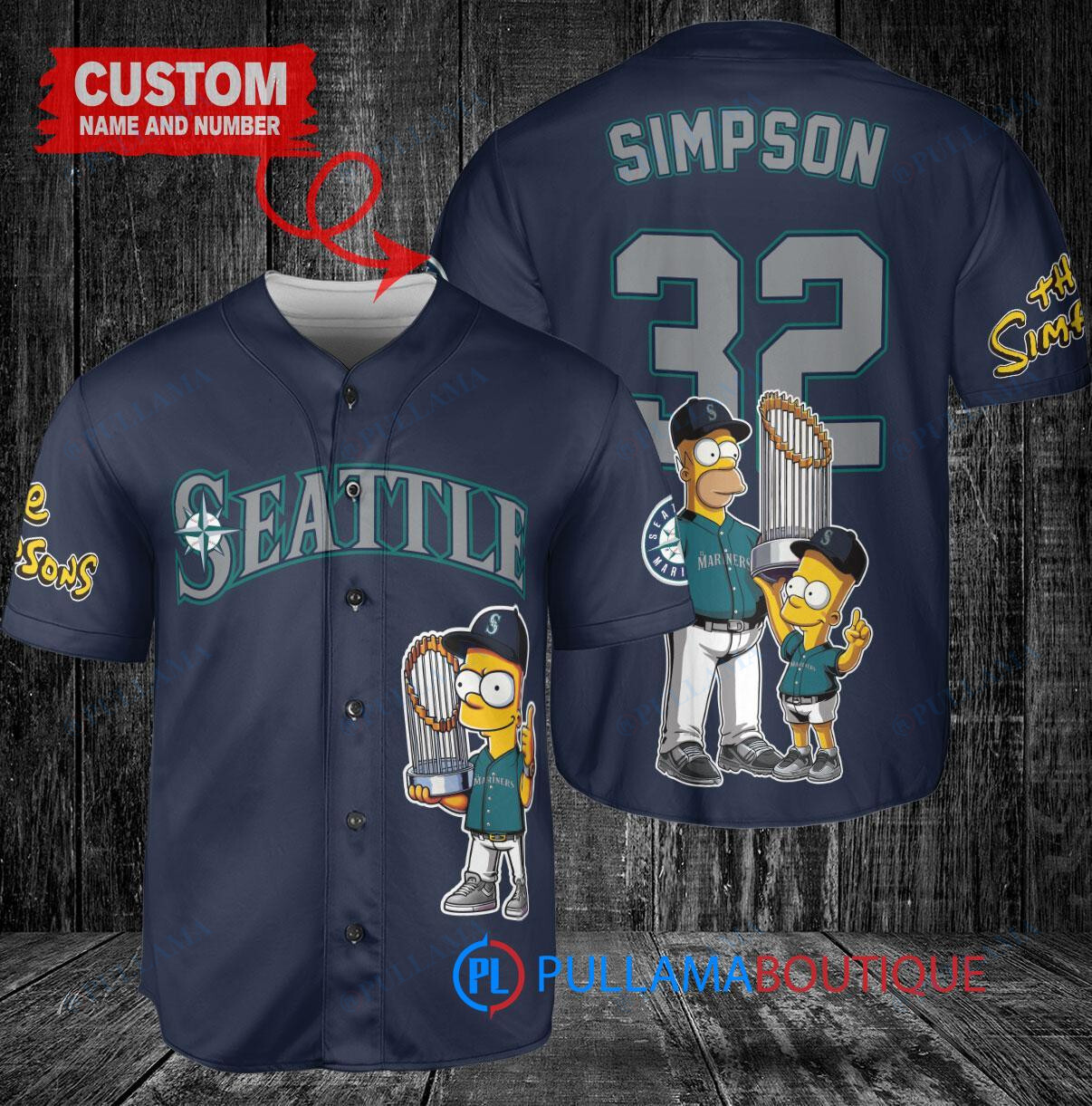 Seattle Mariners x The Simpsons Bart Simpson, Homer Simpson, Lisa Simpson with Trophy Custom Baseball Jersey Navy