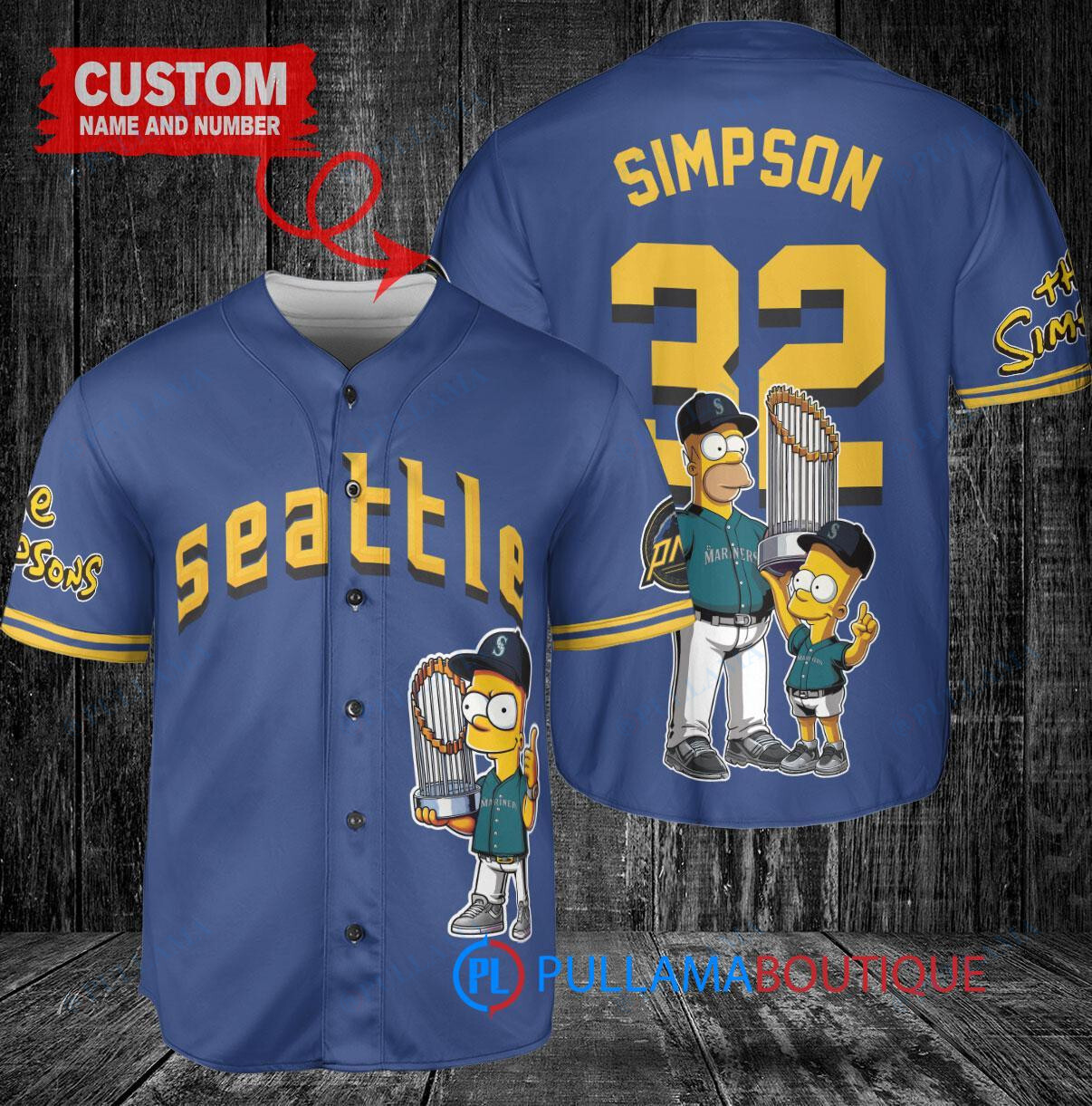 Seattle Mariners x The Simpsons Bart Simpson, Homer Simpson, Lisa Simpson with Trophy Custom Baseball Jersey Royal City Connect