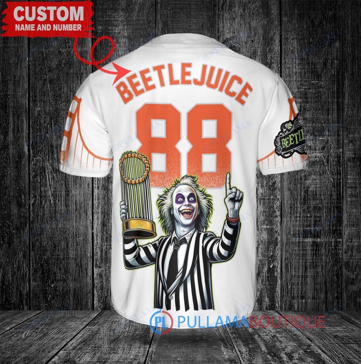 SF Giants Beetlejuice Halloween World Series Trophy Baseball Jersey White