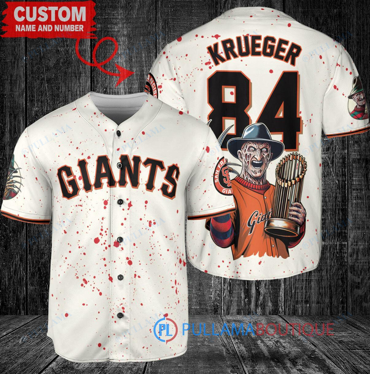 SF Giants Freddy Krueger Halloween World Series Trophy Baseball Jersey Cream