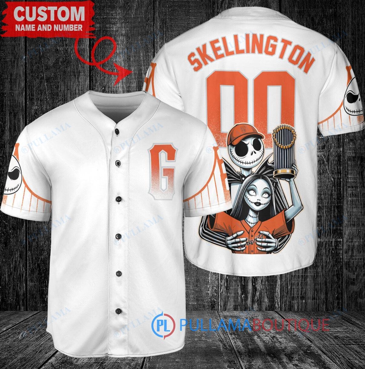 SF Giants Jack Skellington Sally World Series Trophy Baseball Jersey White