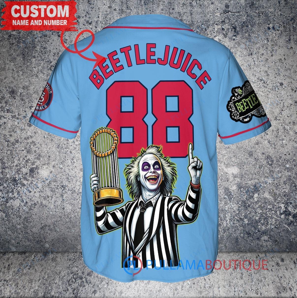 St. Louis Cardinals Beetlejuice Halloween World Series Trophy Baseball Jersey Blue