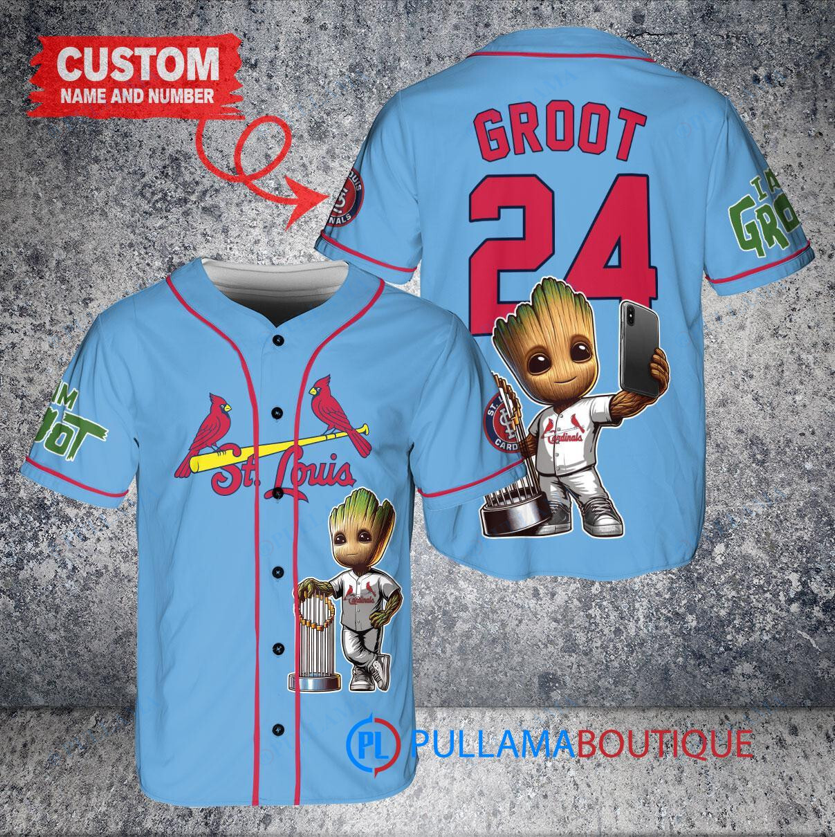 St. Louis Cardinals x Baby Groot Marvel Guardians Of The Galaxy with Trophy Custom Baseball Jersey Light Blue