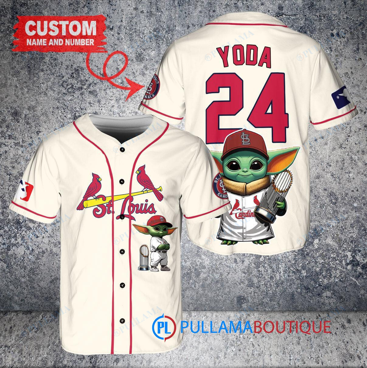 St. Louis Cardinals x Baby Yoda Star Wars The Mandalorian with Trophy Custom Baseball Jersey Cream