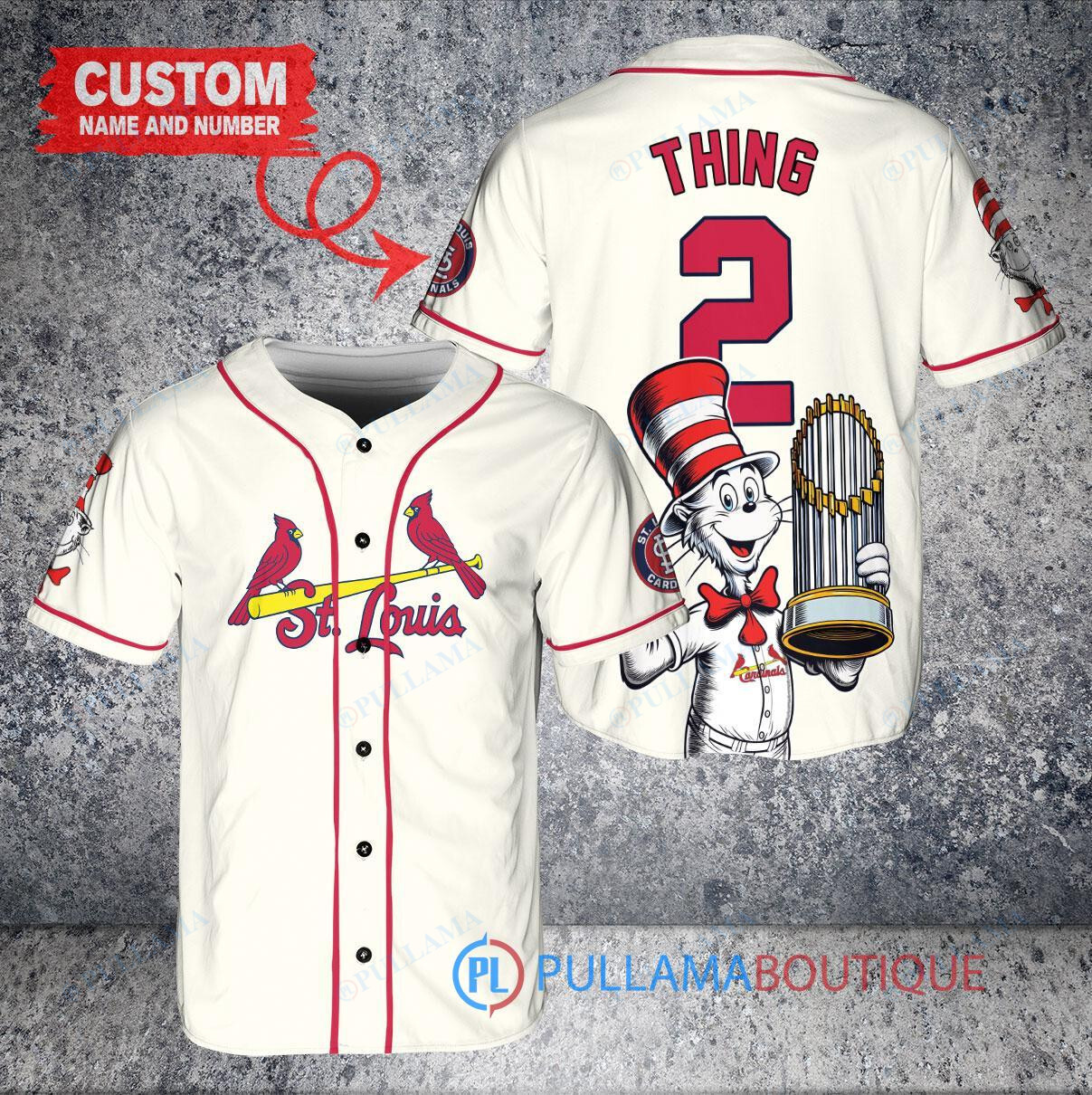 St. Louis Cardinals x Dr Seuss with World Series Trophy Custom Baseball Jersey Cream