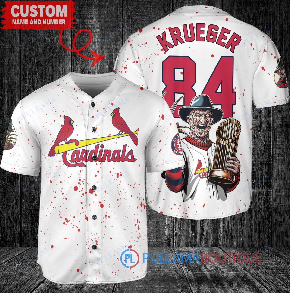 St. Louis Cardinals x Freddy Krueger A Nightmare on Elm Street Halloween with World Series Trophy Custom Baseball Jersey White