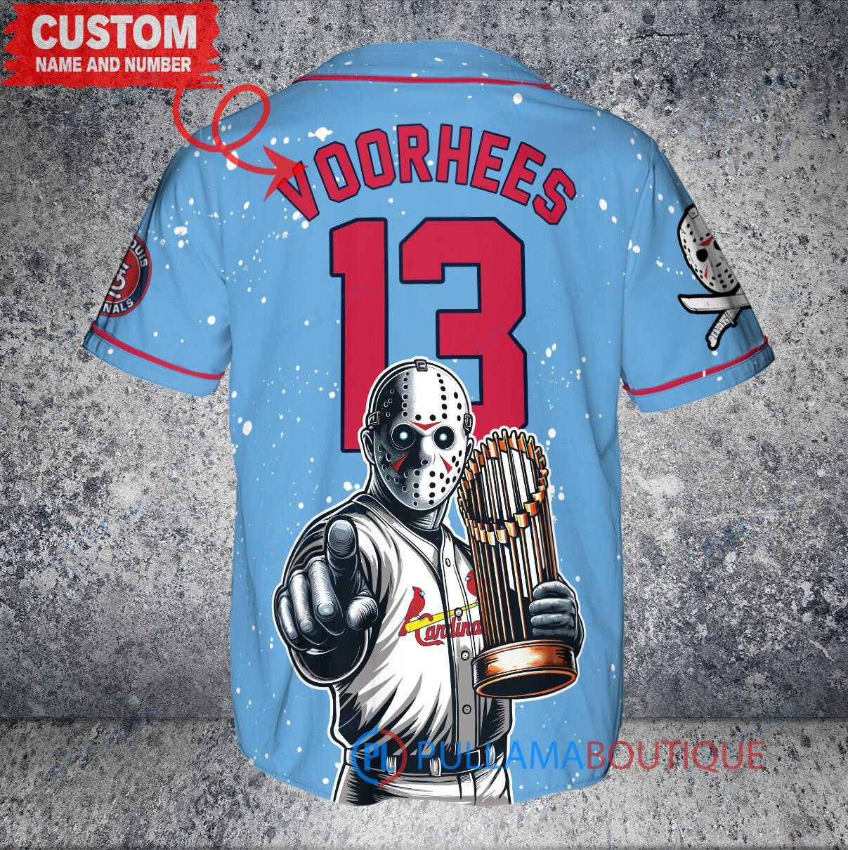 St. Louis Cardinals x Friday the 13th Jason Voorhees Halloween with World Series Trophy Custom Baseball Jersey Light Blue