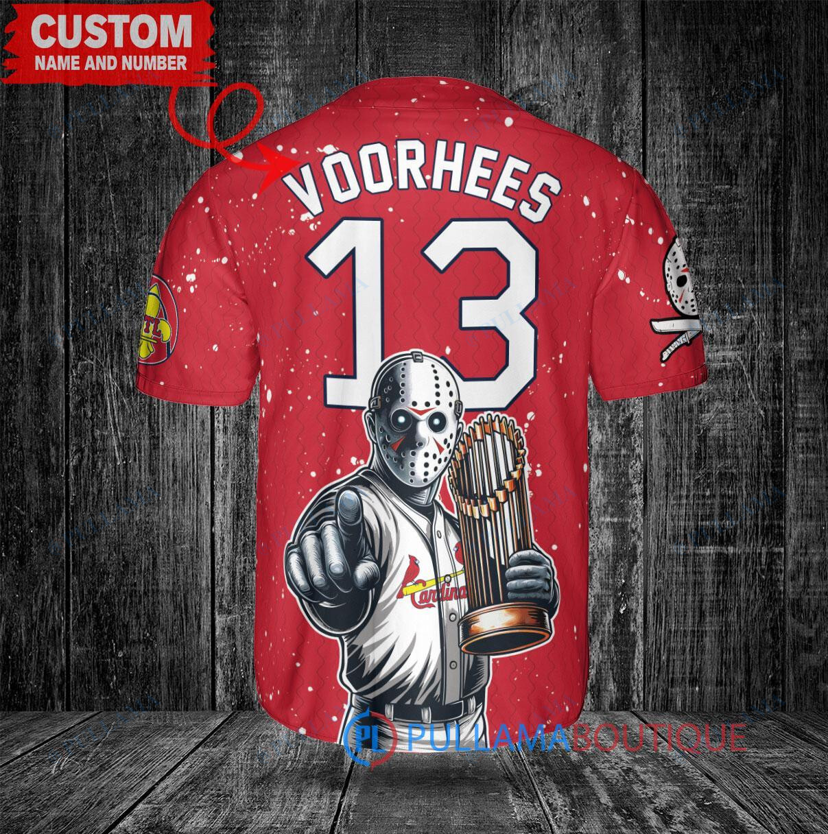 St. Louis Cardinals x Friday the 13th Jason Voorhees Halloween with World Series Trophy Custom Baseball Jersey Red City Connect