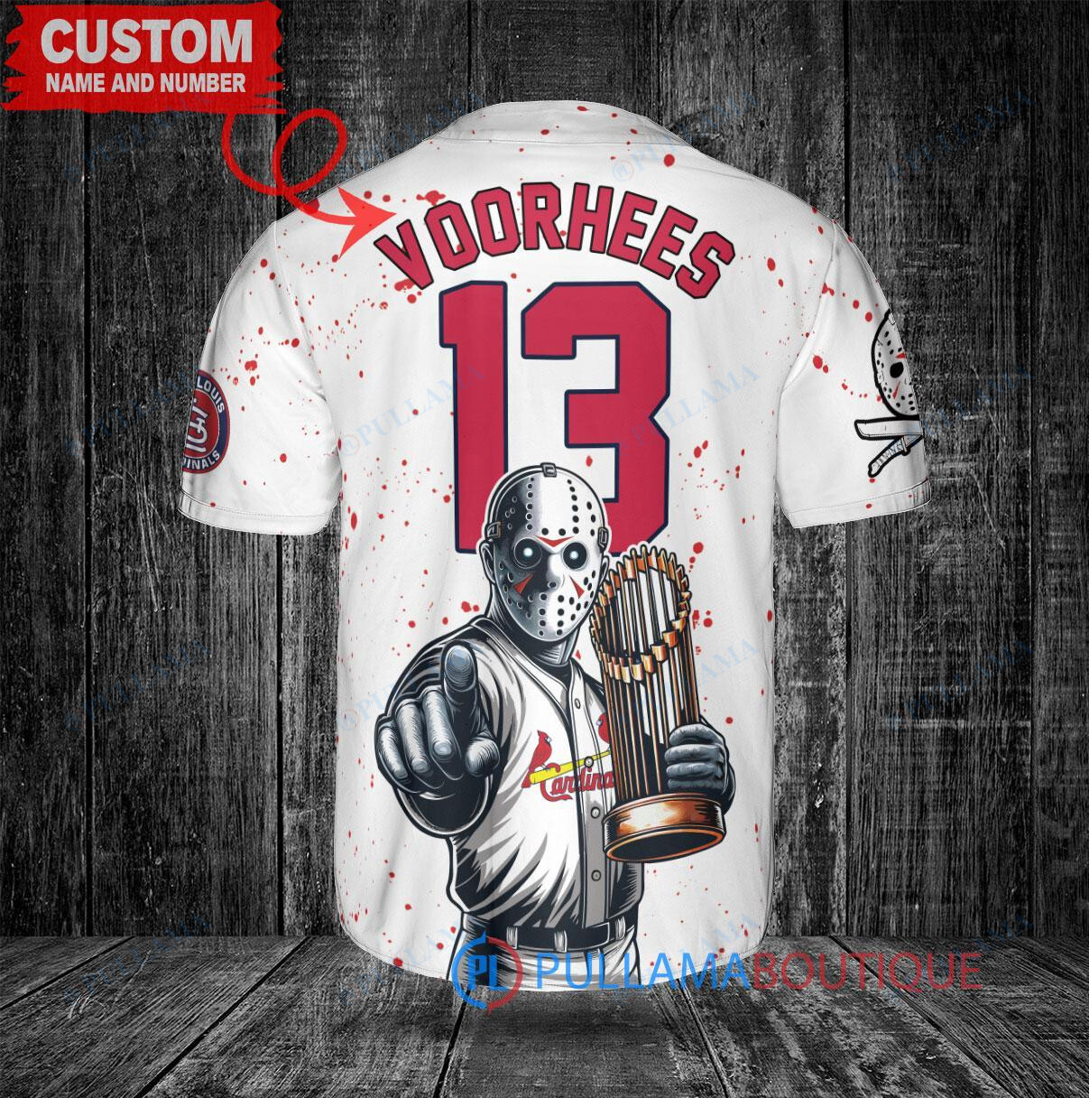 St. Louis Cardinals x Friday the 13th Jason Voorhees Halloween with World Series Trophy Custom Baseball Jersey White
