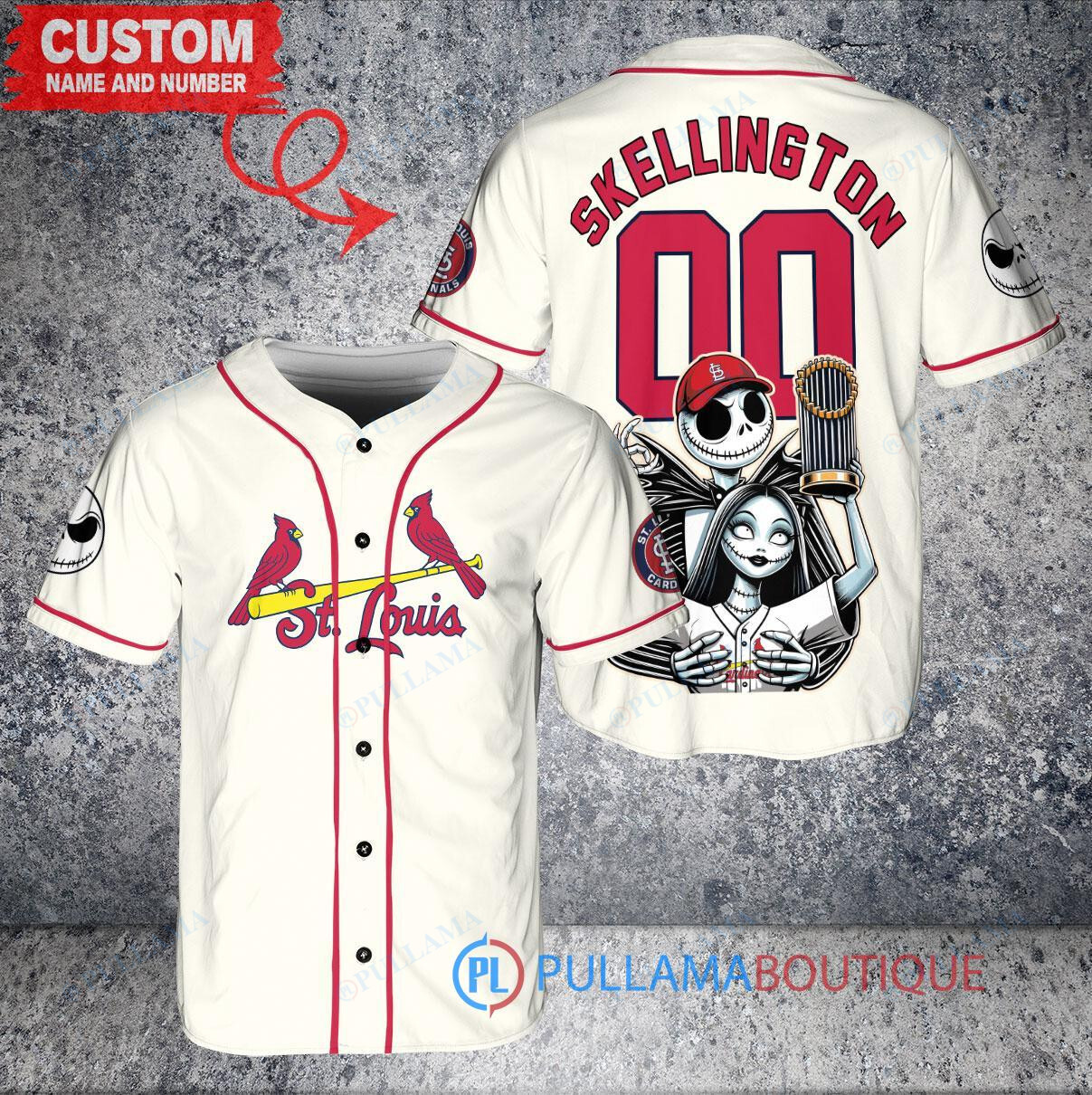 St. Louis Cardinals x Jack Skellington and Sally The Nightmare Before Christmas with World Series Trophy Custom Baseball Jersey Cream