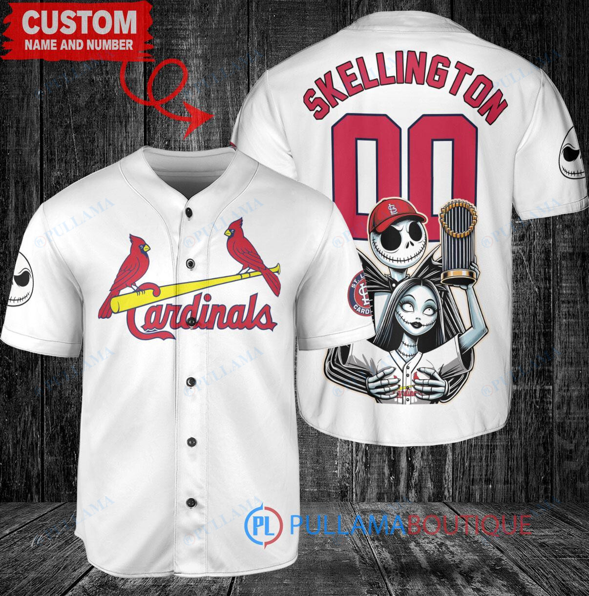 St. Louis Cardinals x Jack Skellington and Sally The Nightmare Before Christmas with World Series Trophy Custom Baseball Jersey White