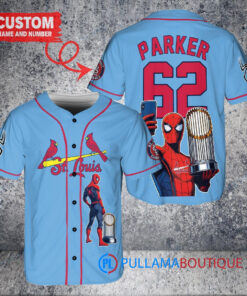 St. Louis Cardinals x Marvel Spiderman with Trophy Custom Baseball Jersey Light Blue