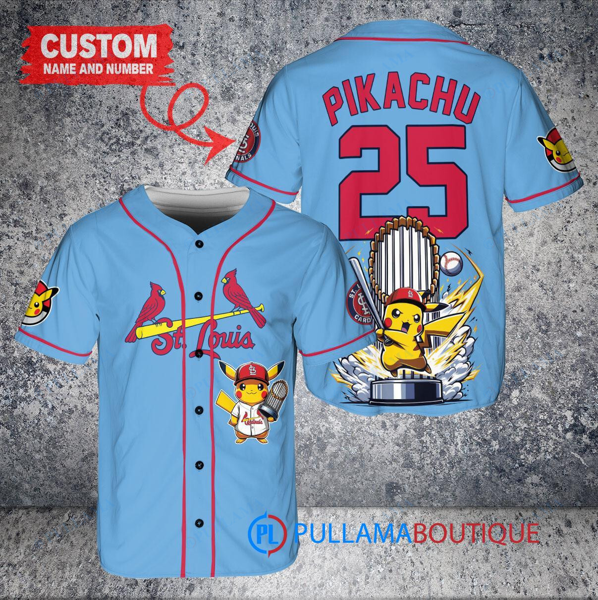 St. Louis Cardinals x Pikachu Pokemon with Trophy Custom Baseball Jersey Light Blue