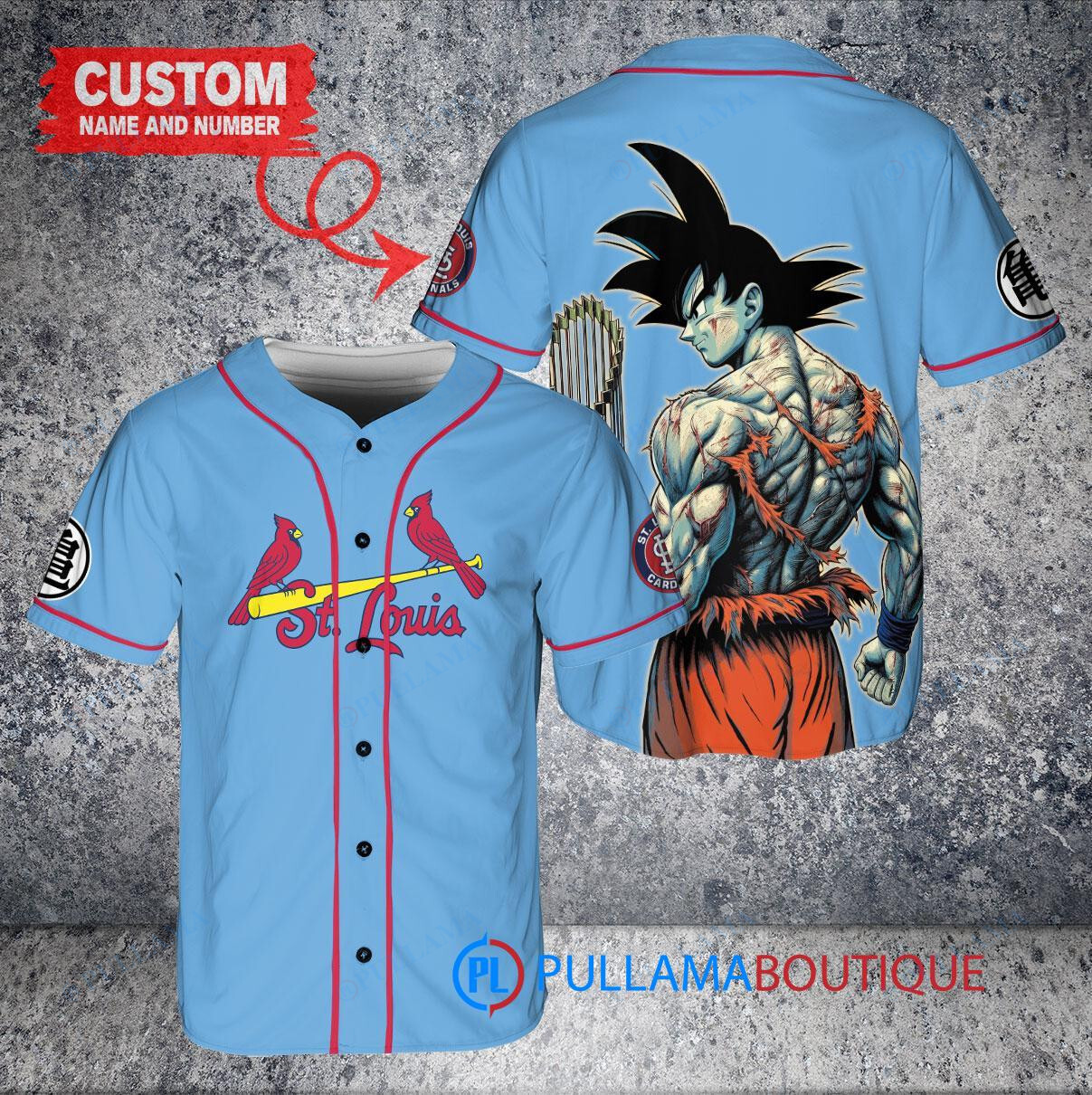 St. Louis Cardinals x Son Goku Kakarot Super Saiyan Dragon Ball Z with Trophy Baseball Jersey Light Blue