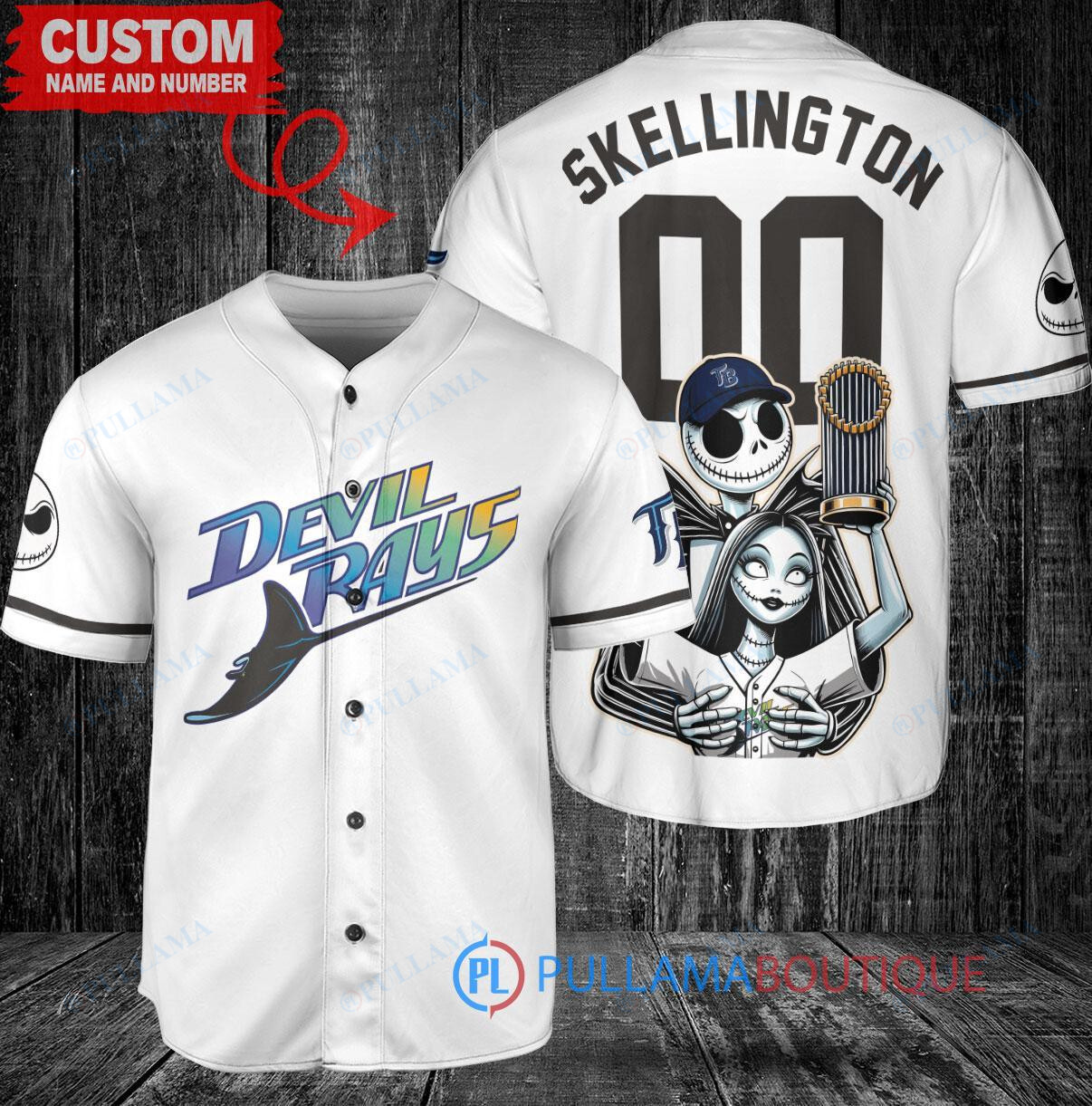 Tampa Bay Rays Jack Skellington Sally World Series Trophy Baseball Jersey White