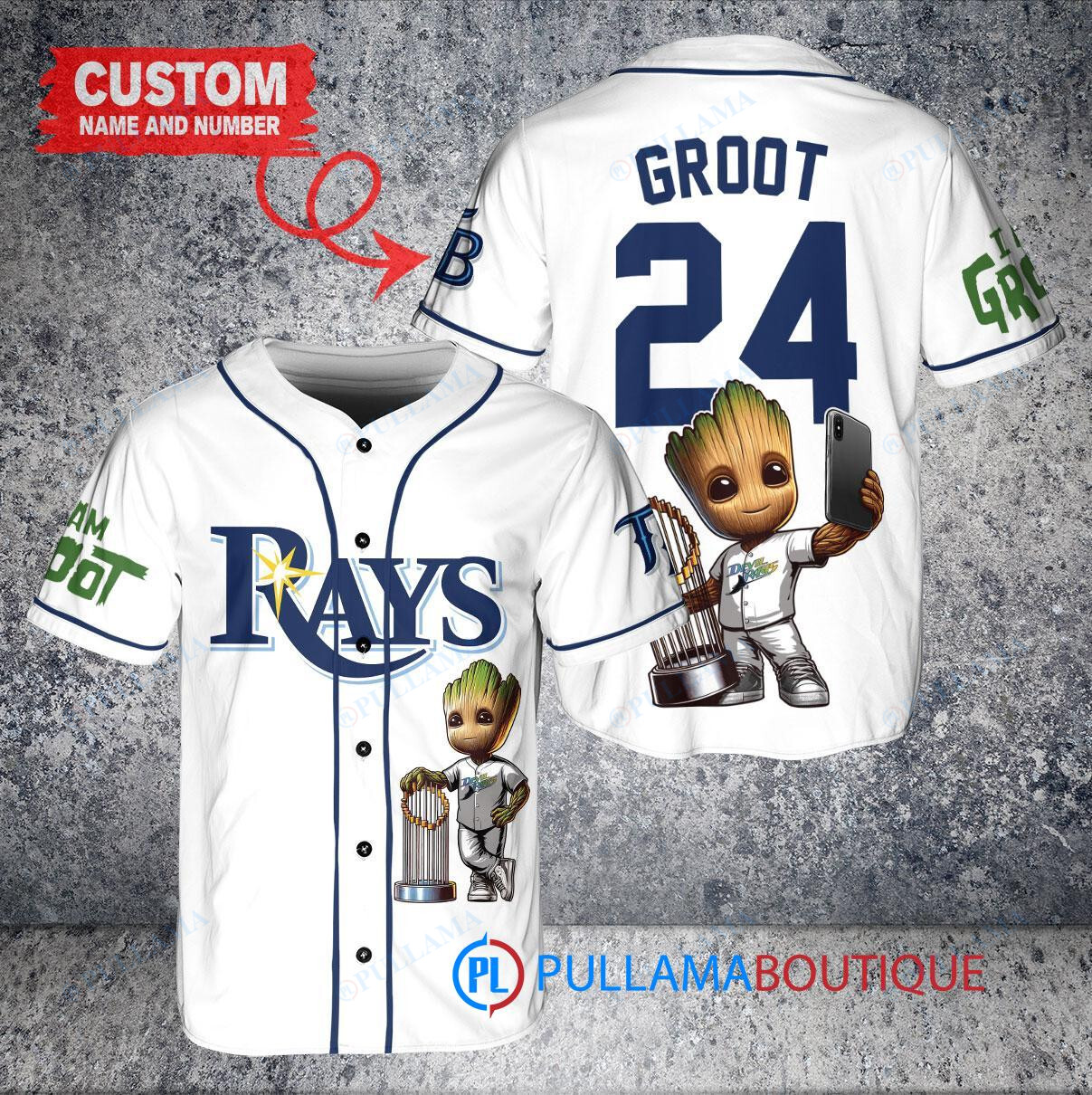 Tampa Bay Rays x Baby Groot Marvel Guardians Of The Galaxy with Trophy Custom Baseball Jersey White Alternate Replica