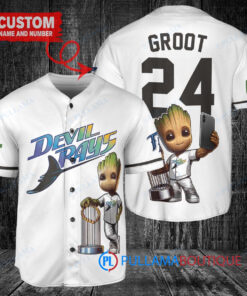 Tampa Bay Rays x Baby Groot Marvel Guardians Of The Galaxy with Trophy Custom Baseball Jersey White Home Replica