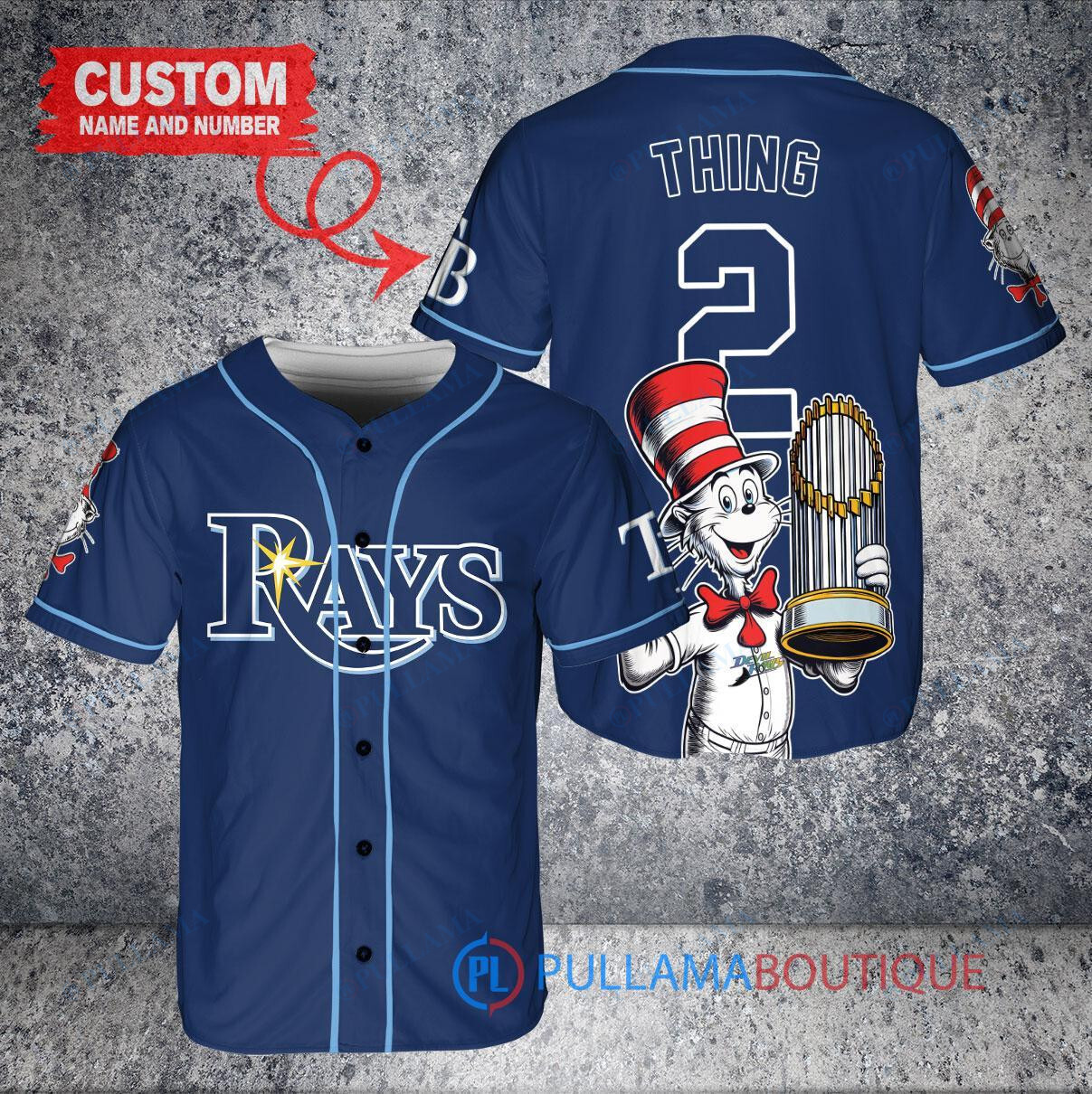 Tampa Bay Rays x Dr Seuss with World Series Trophy Custom Baseball Jersey Navy
