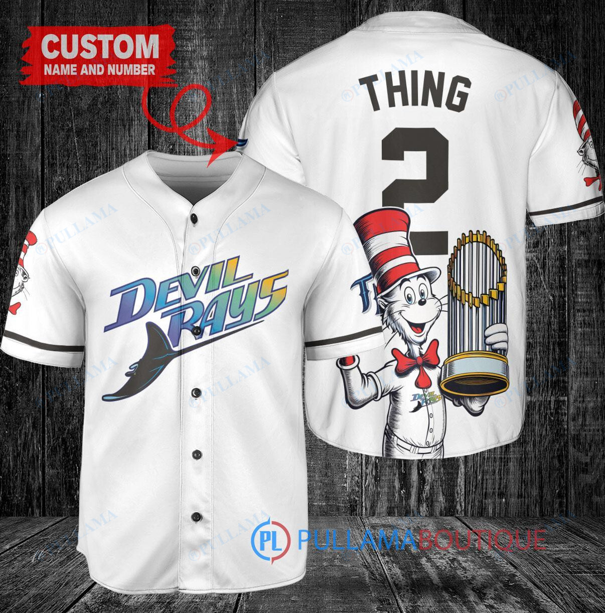 Tampa Bay Rays x Dr Seuss with World Series Trophy Custom Baseball Jersey White Home Replica
