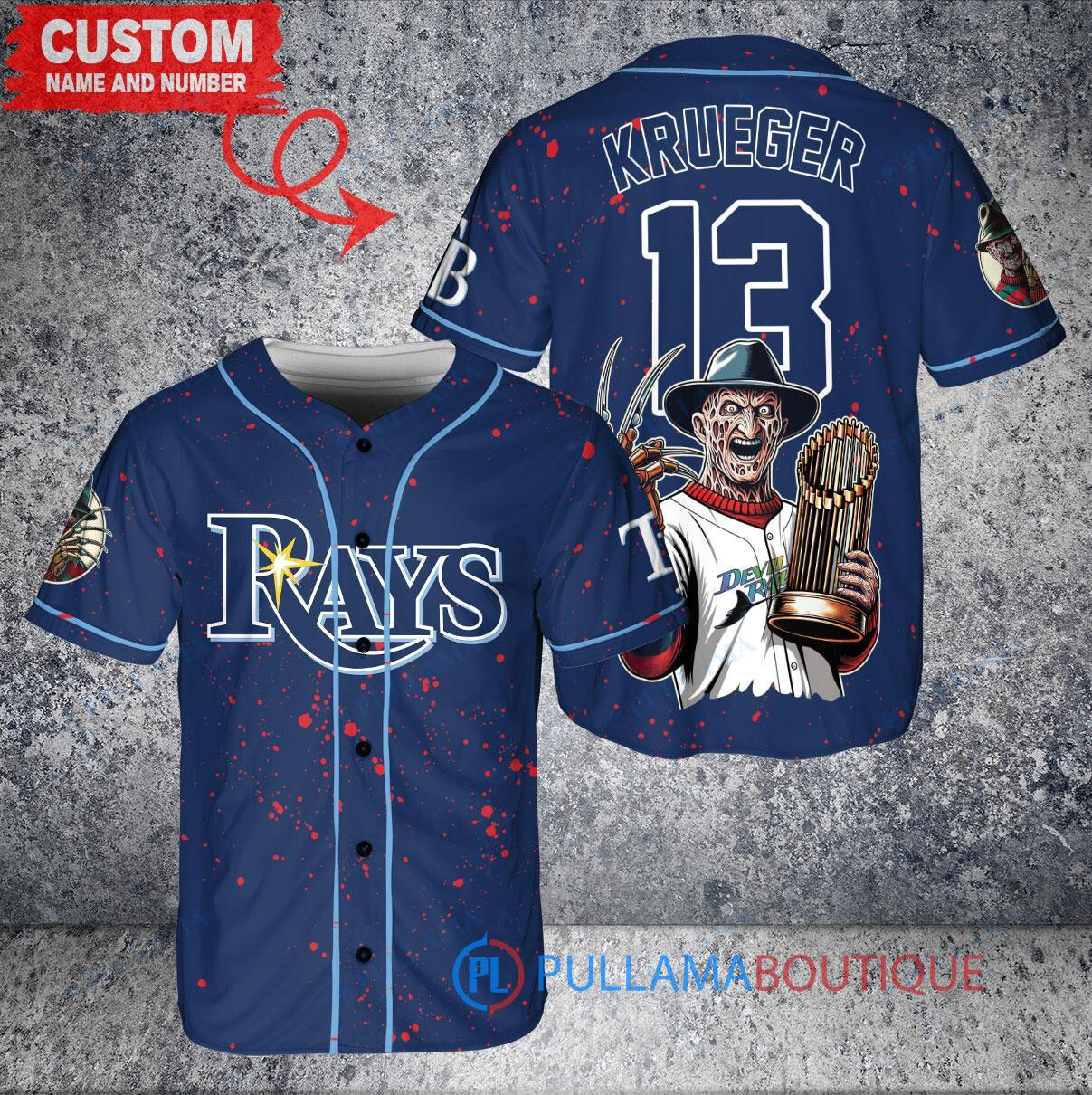Tampa Bay Rays x Freddy Krueger A Nightmare on Elm Street Halloween with World Series Trophy Custom Baseball Jersey Navy