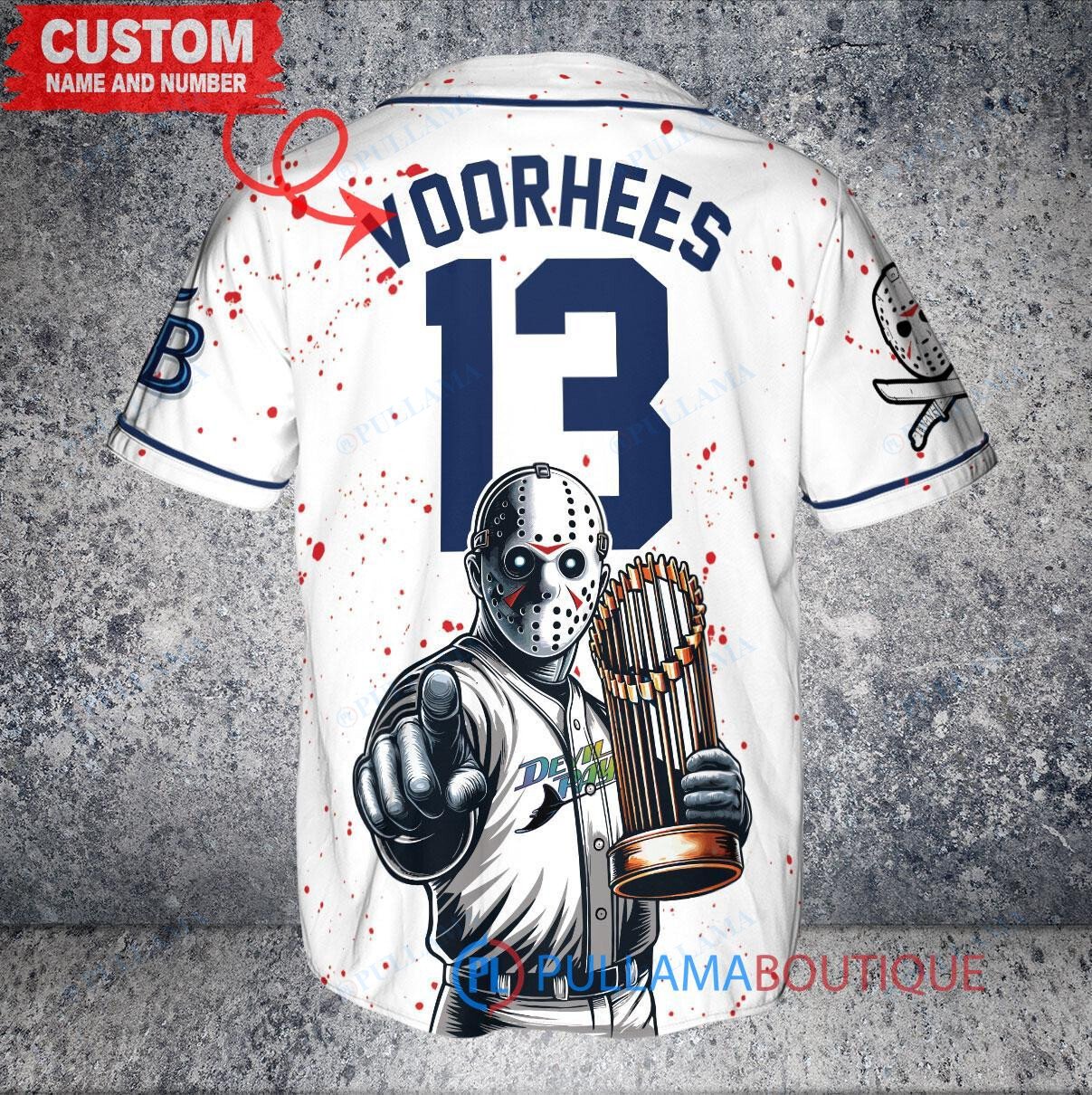 Tampa Bay Rays x Friday the 13th Jason Voorhees Halloween with World Series Trophy Custom Baseball Jersey White Alternate Replica