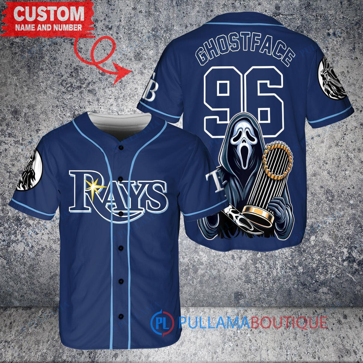 Tampa Bay Rays x Ghostface Scream Halloween Halloween with World Series Trophy Custom Baseball Jersey Navy