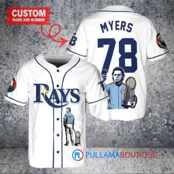 Tampa Bay Rays x Halloween Michael Myers with Trophy Custom Baseball Jersey White Alternate Replica