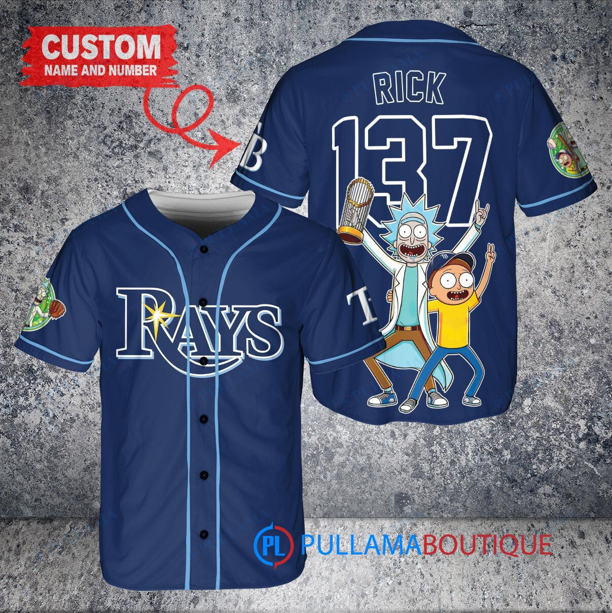 Tampa Bay Rays x Rick and Morty with Trophy Custom Baseball Jersey Navy