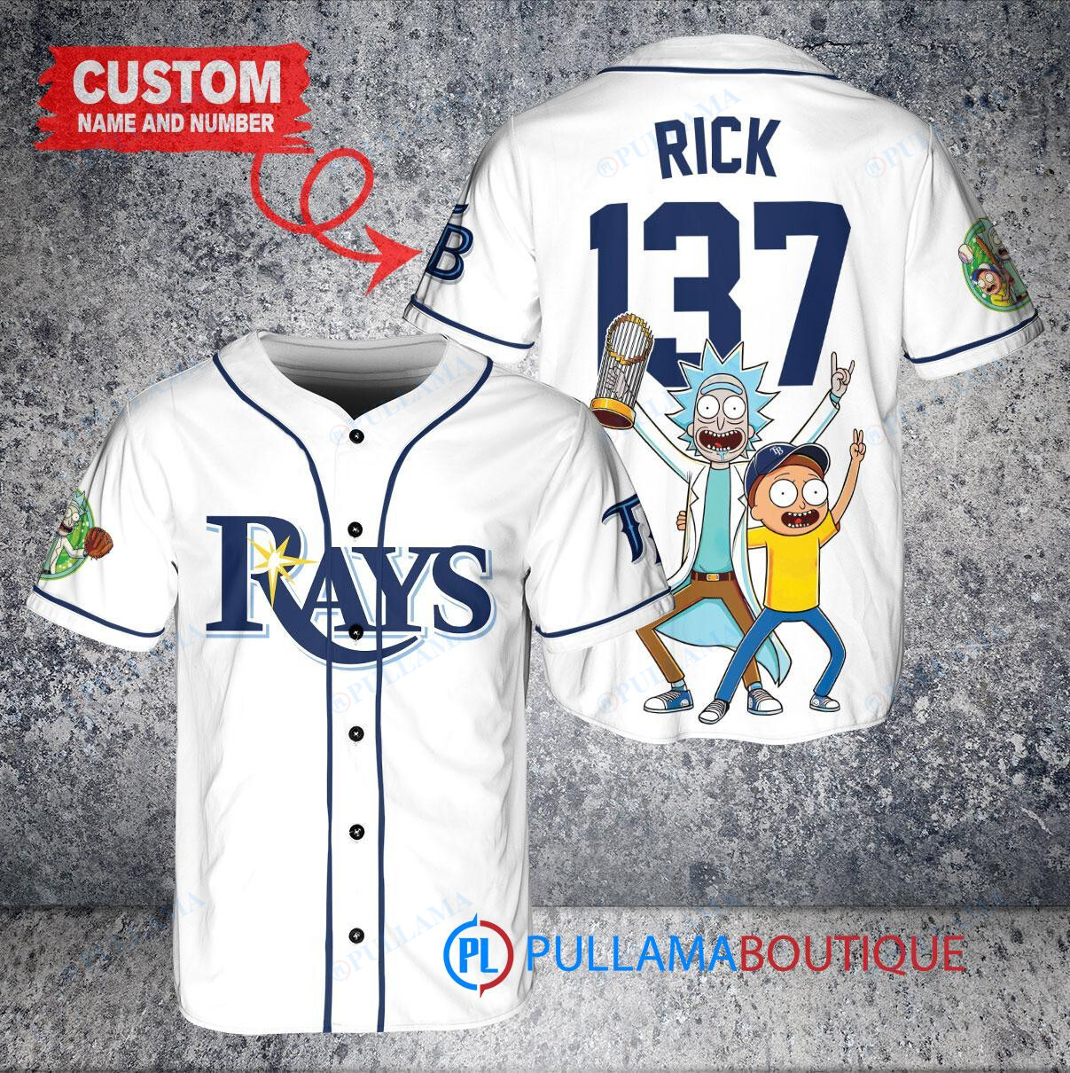 Tampa Bay Rays x Rick and Morty with Trophy Custom Baseball Jersey White Alternate Replica