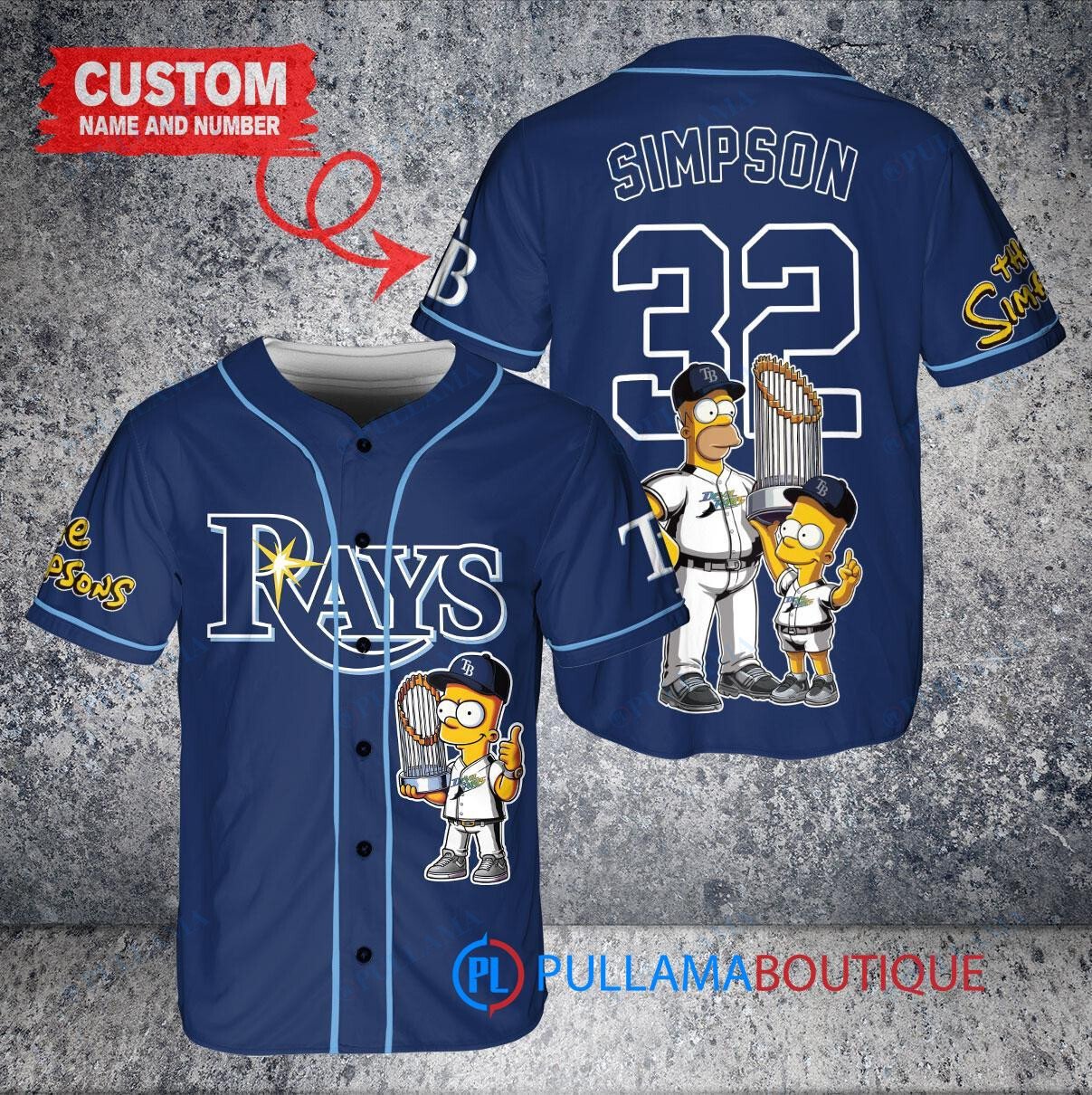 Tampa Bay Rays x The Simpsons Bart Simpson, Homer Simpson, Lisa Simpson with Trophy Custom Baseball Jersey Navy
