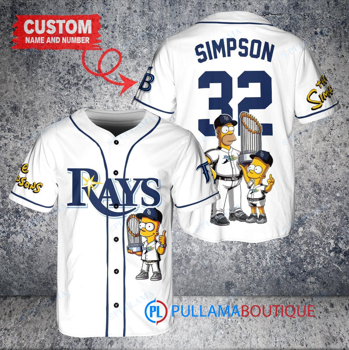 Tampa Bay Rays x The Simpsons Bart Simpson, Homer Simpson, Lisa Simpson with Trophy Custom Baseball Jersey White Alternate Replica